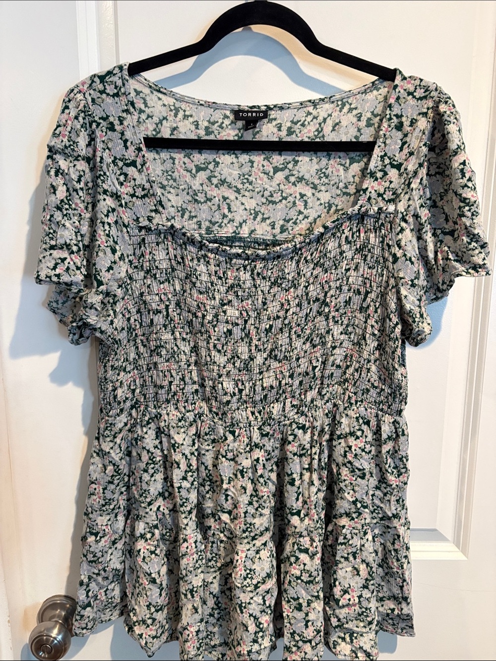 torrid green floral smocked peplum tunic with pink accents